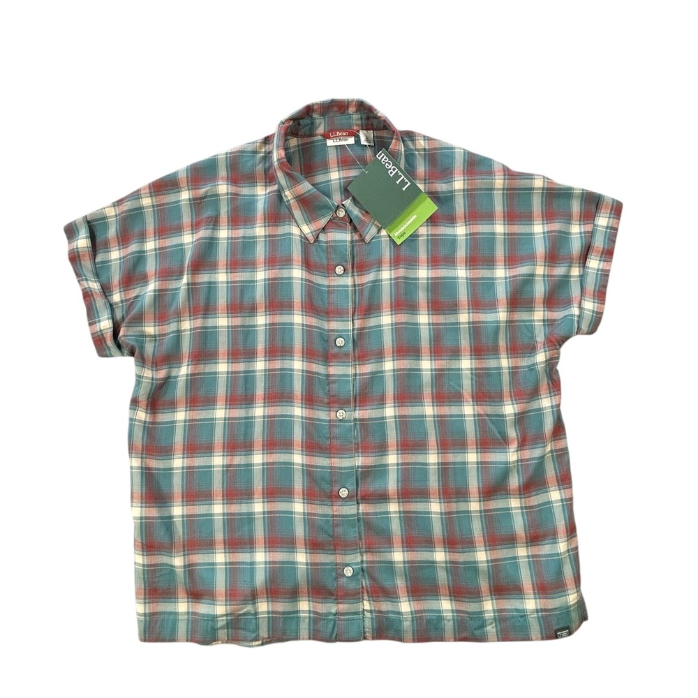 LL Bean Mountainside Shirt Mens L Storm Teal Plaid Tencel Short Sleeve New